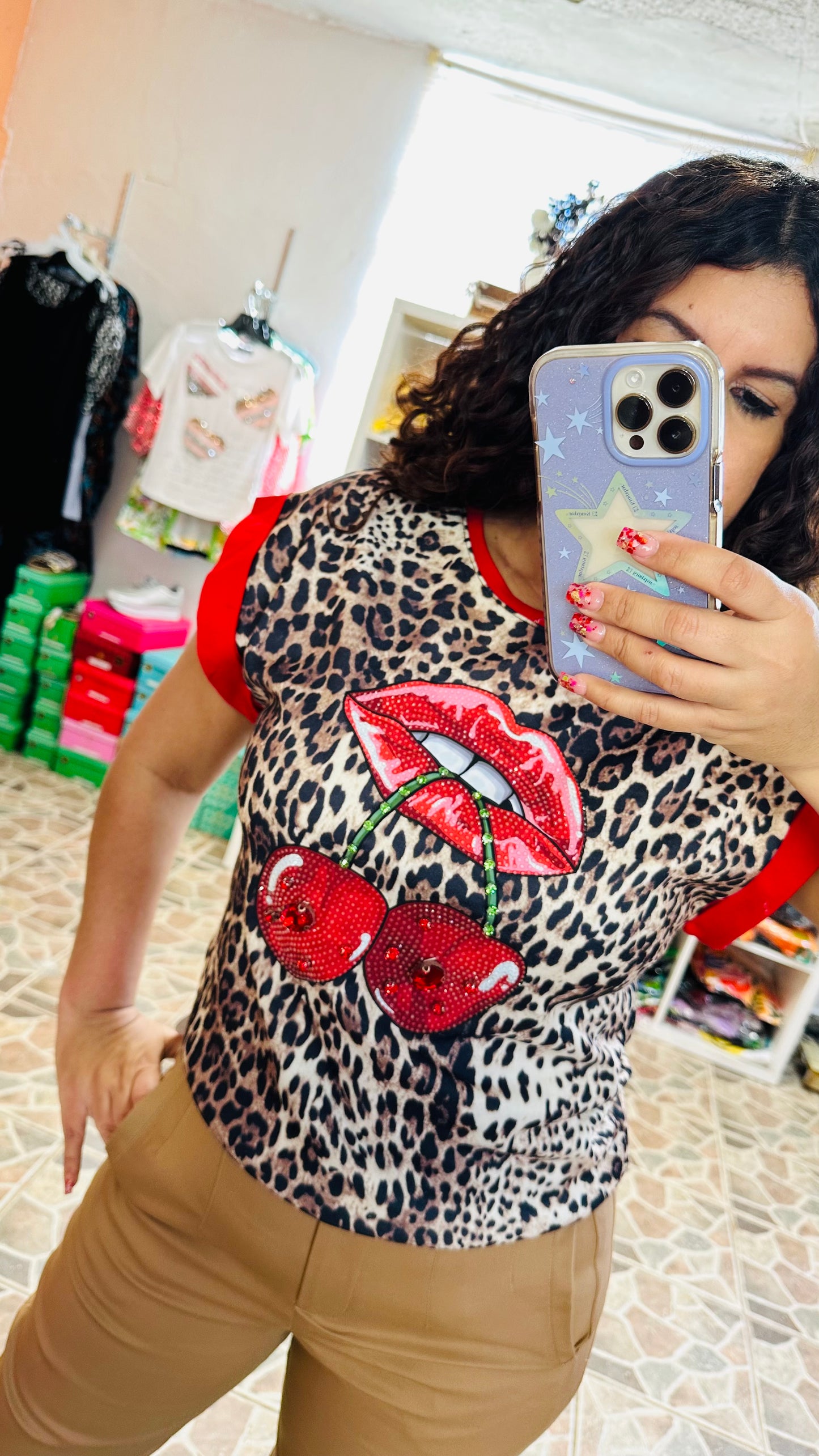 LEOPARD N CHERRY GRAPHIC T SHIRT