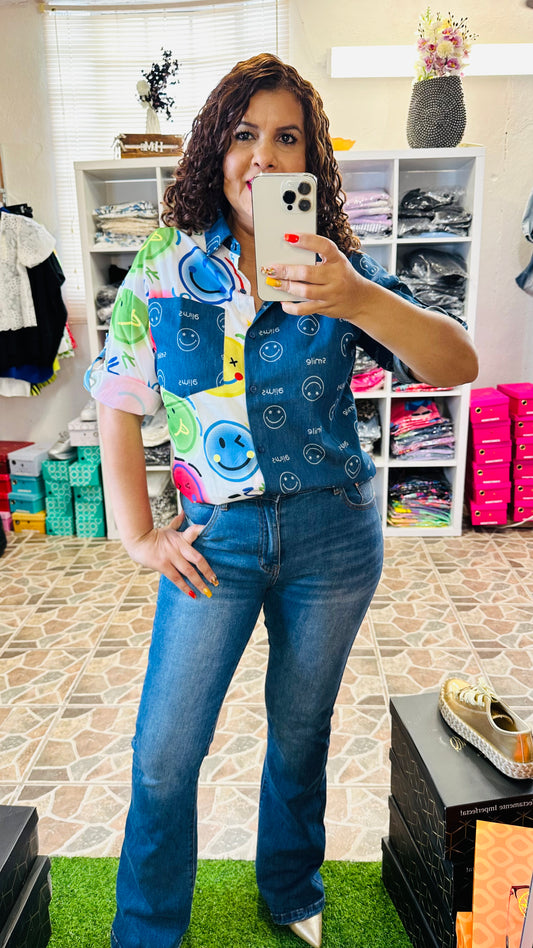 Color Block Graphic Denim Shirt