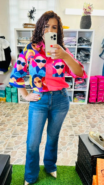 BUTTON DOWN COLOR BLOCK GRAPHIC SHIRT