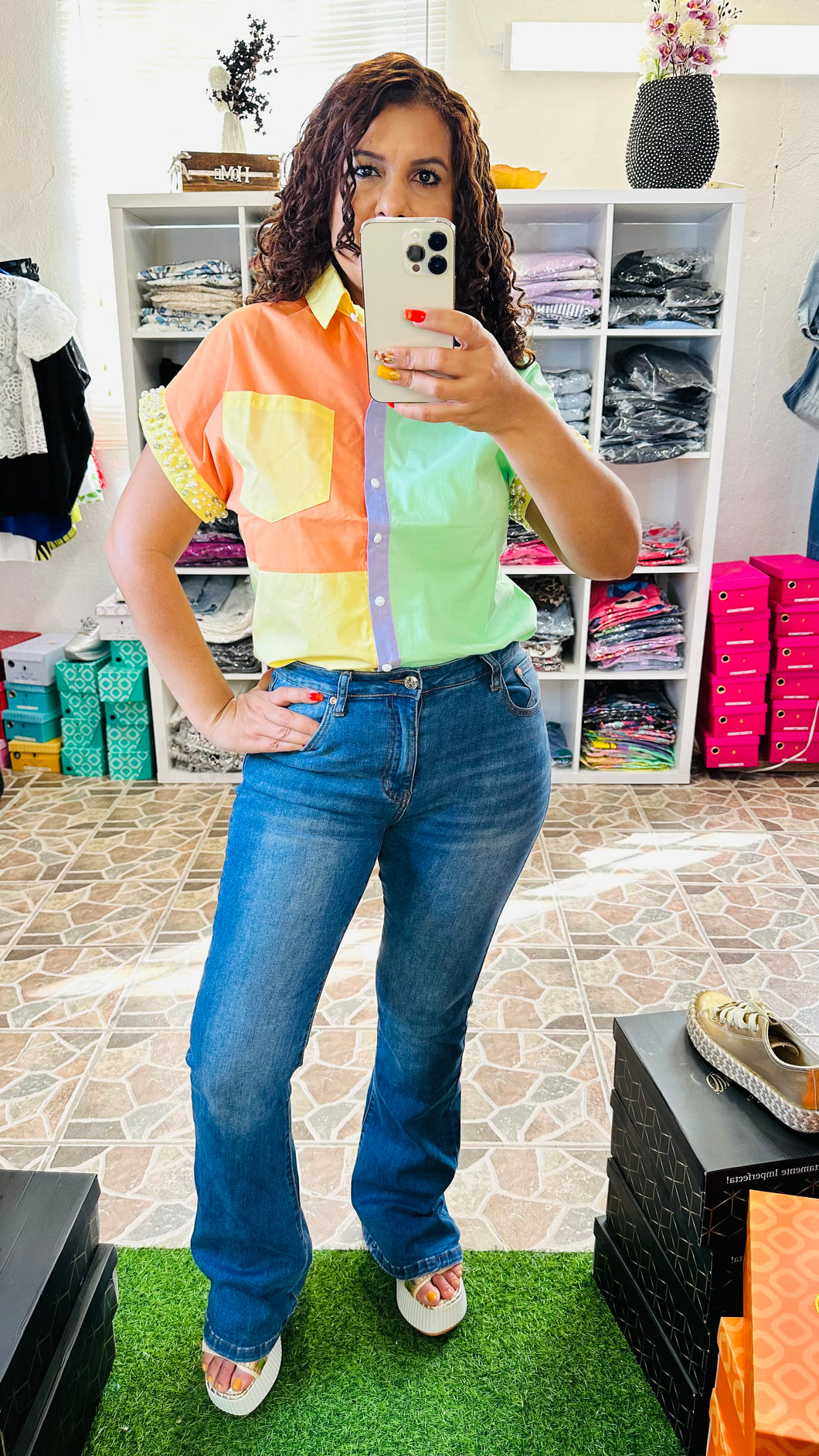 PEARL TRIM SHORT SLV BUTTON DOWN