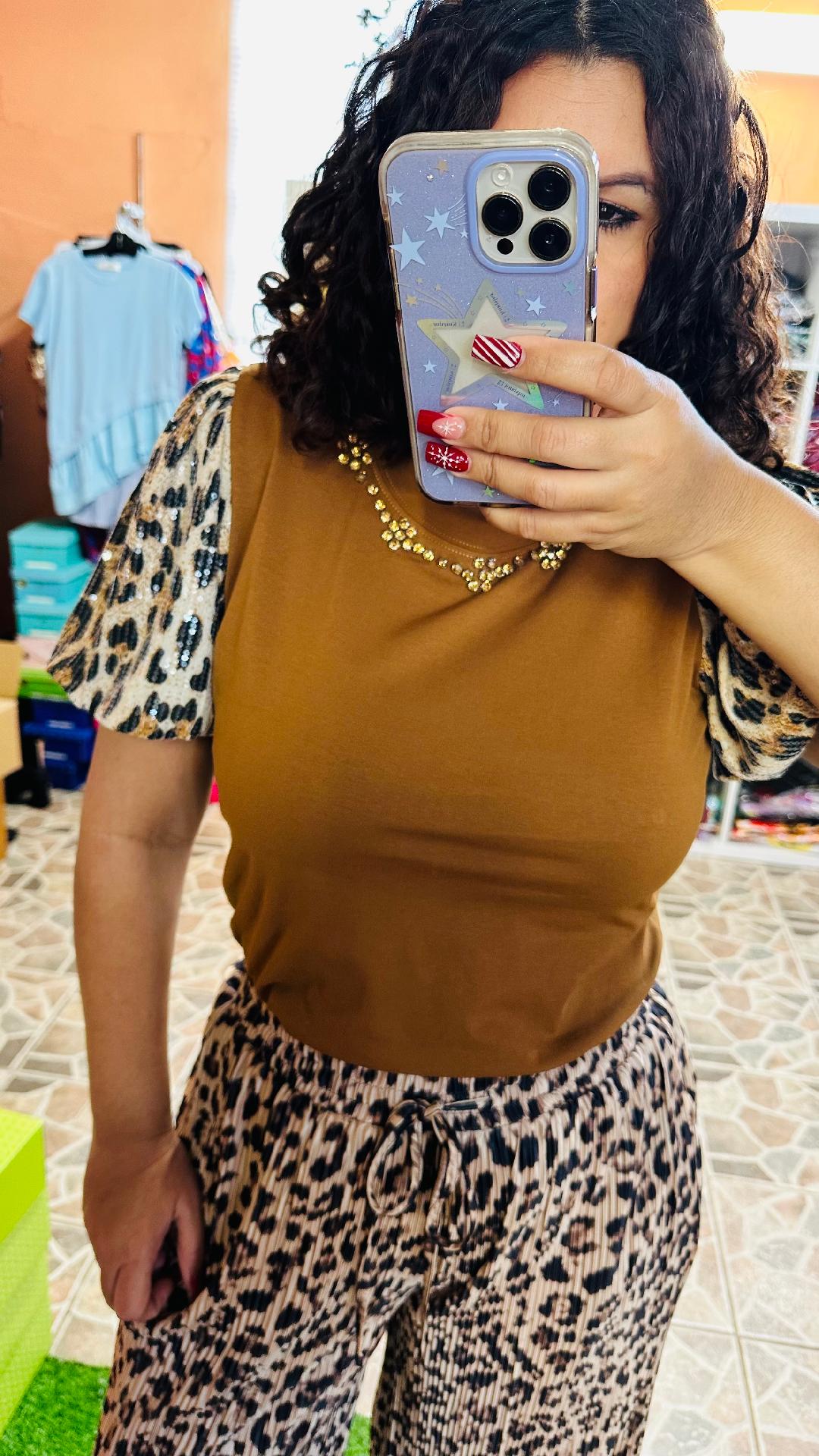 Blouse Rhinestone Animal Print