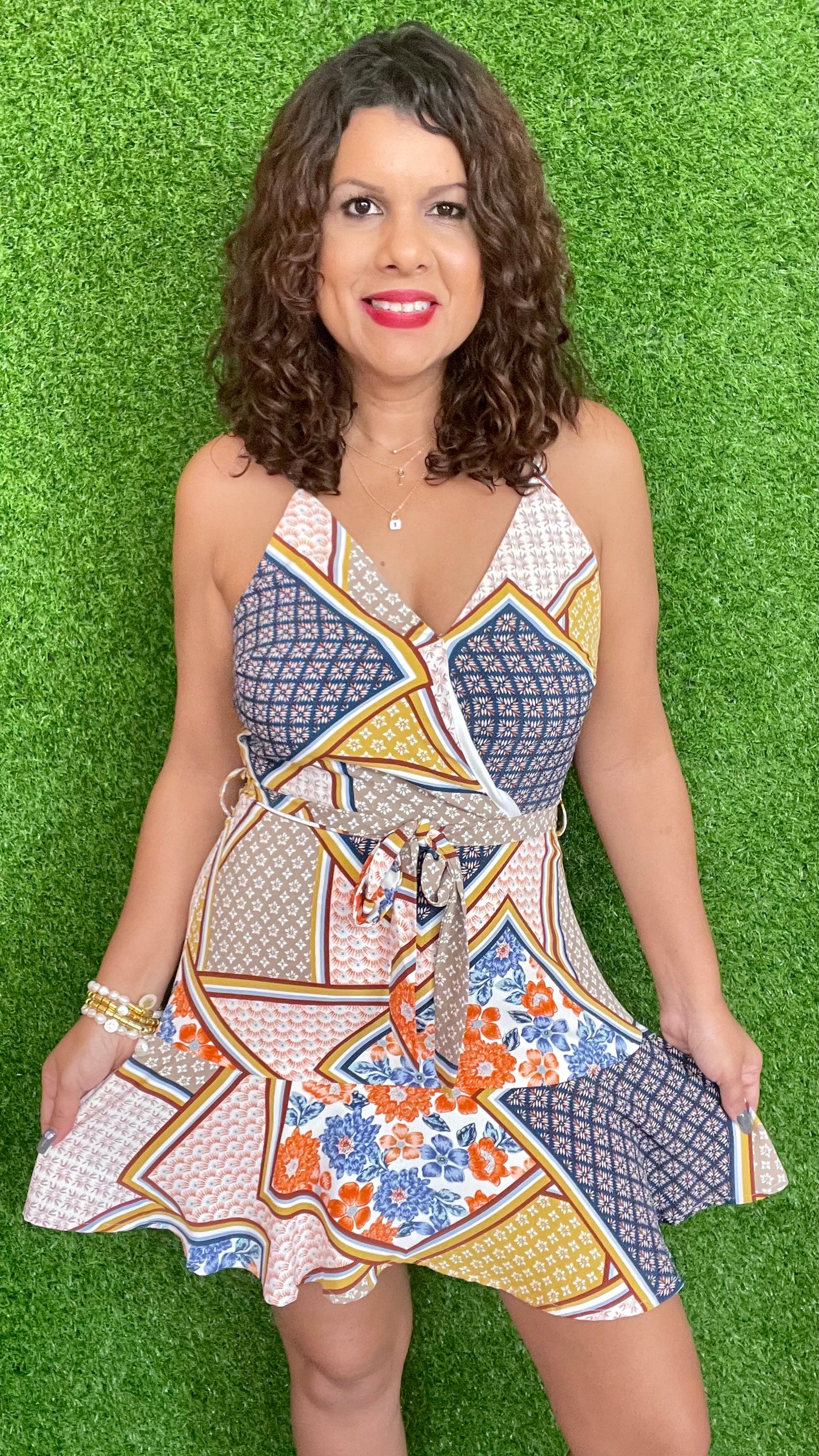 Multi-print spaghetti dress